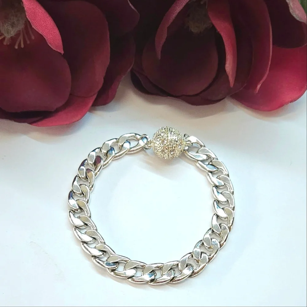Chunky Silver Curb Chain & Crystal Bead Clasp Bracelet Magnetic Clasp
